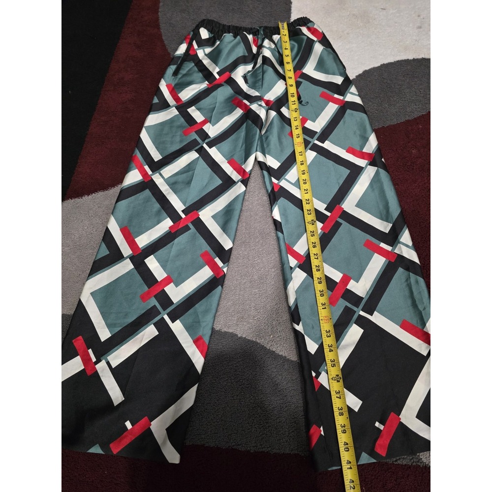 Zara Green Black Geometric Satin Wide Leg Pull On Pants Trousers Pockets Sz S